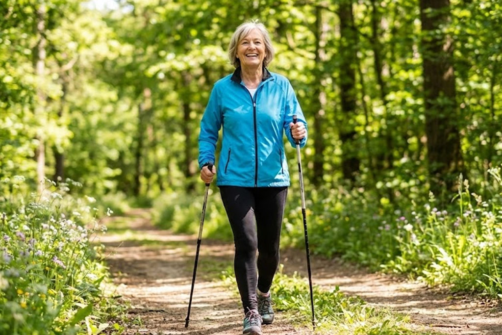 Senior femme dynamique (Martine) souriante, marchant d'un bon pas avec des bâtons de marche nordique sur un sentier ensoleillé, illustrant que le mouvement est bénéfique.