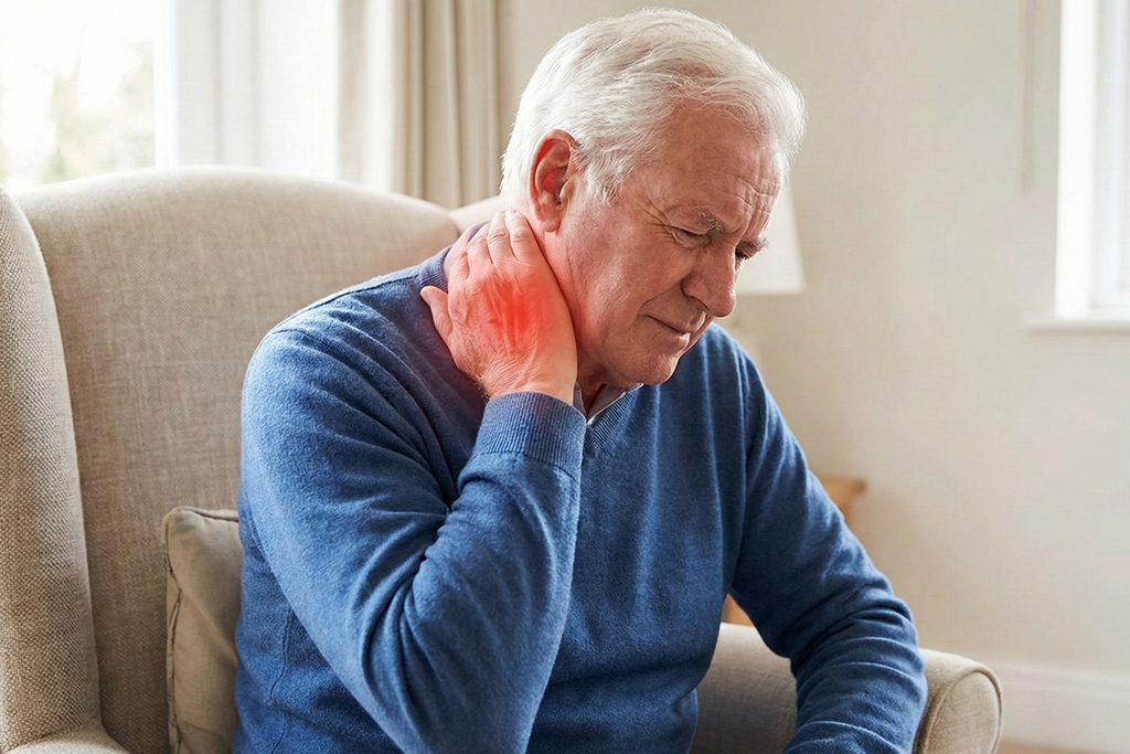 Senior assis ayant la nuque raide