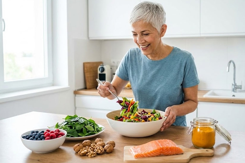 Senior femme souriante préparant un repas anti-inflammatoire dans une cuisine lumineuse, avec sur le comptoir du saumon frais, des épinards, des baies et du curcuma, des aliments bénéfiques pour les articulations.