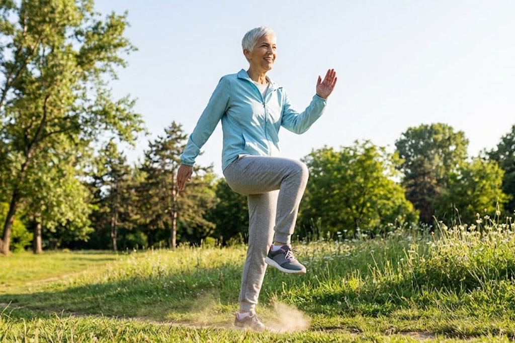 Femme senior active, souriante, debout dans un parc ensoleillé, levant un genou pour effectuer une marche militaire dynamique sur place, un exercice bénéfique pour la densité osseuse.