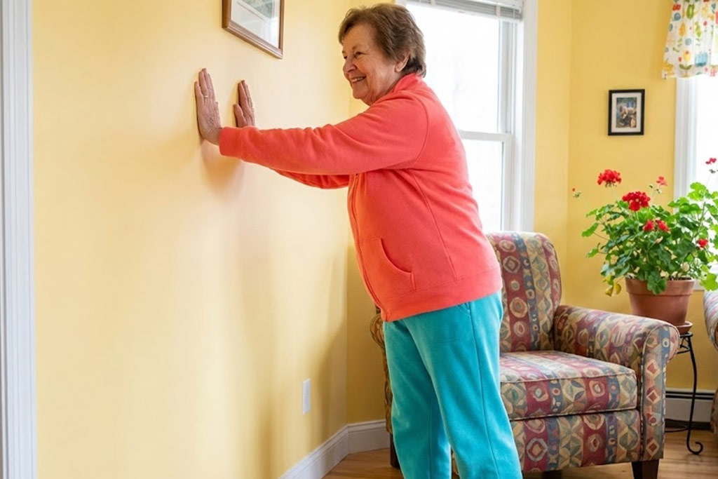 Femme senior active, debout face à un mur dans un salon, effectuant des pompes murales pour renforcer ses bras et stimuler sa densité osseuse contre l'ostéoporose.