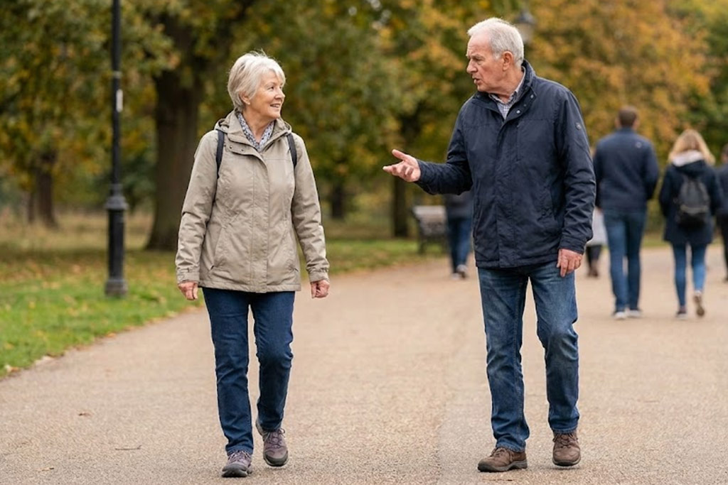 Deux seniors, un homme et une femme, marchant dans une rue commerçante. L'homme est arrêté, tourné vers la femme avec un air pensif, illustrant l'incapacité à marcher et réfléchir simultanément.
