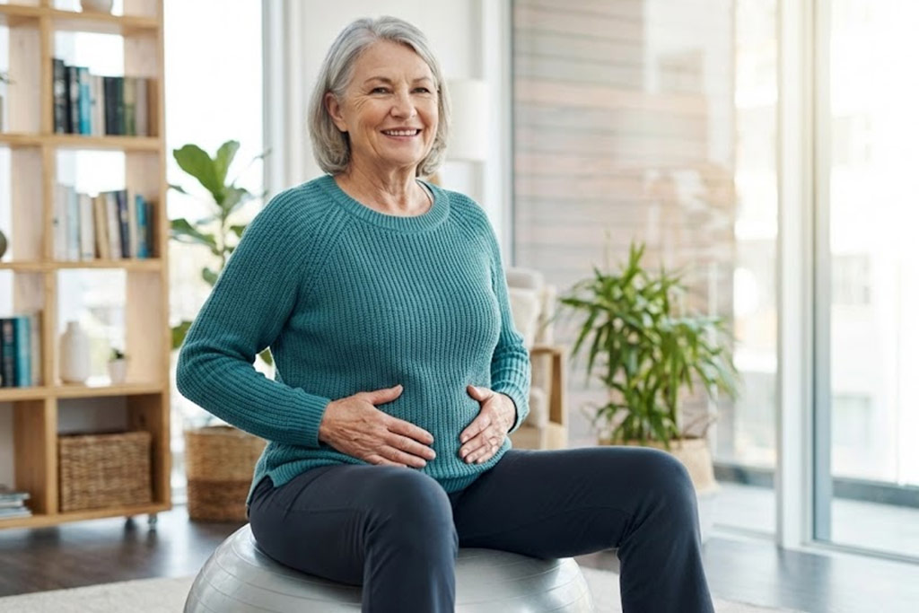 Femme senior sereine et souriante, assise confortablement sur un ballon de gym dans un salon lumineux, les mains posées sur le bas de son ventre, effectuant un exercice discret de contraction du périnée