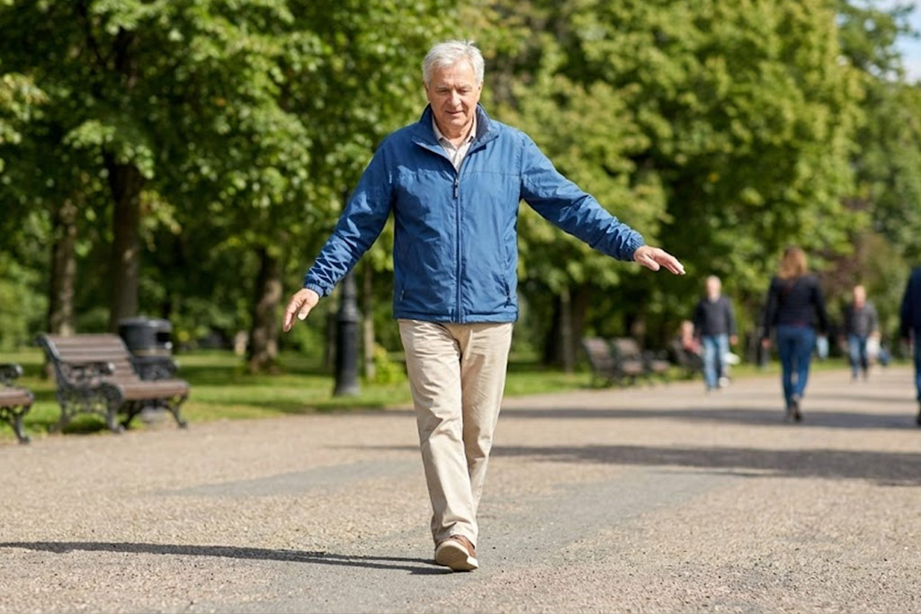 Senior homme concentré mais serein, debout dans un parc sur un chemin plat, effectuant l'exercice du funambule (un pied devant l'autre) avec les bras légèrement écartés pour maintenir son équilibre.
