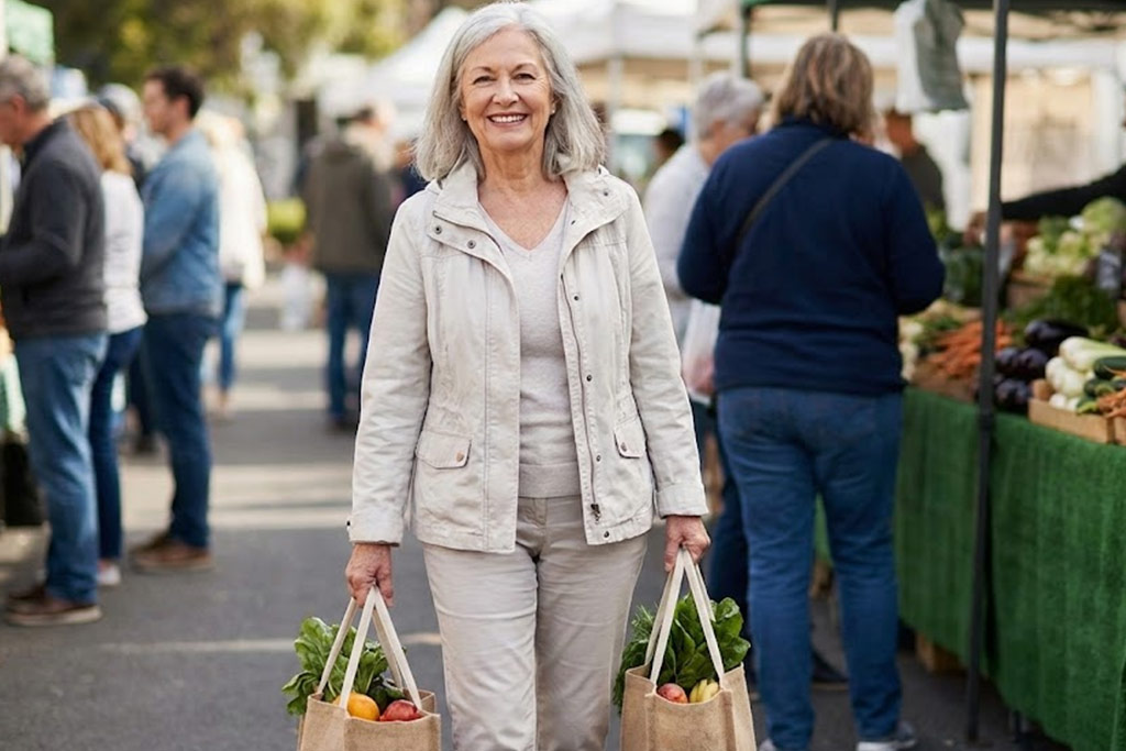 Senior femme souriante sur un parking de supermarché, marchant de manière équilibrée avec deux sacs de courses réutilisables en tissu, un dans chaque main. Sa posture est droite, elle ne penche pas, illustrant la bonne technique de répartition des charges.