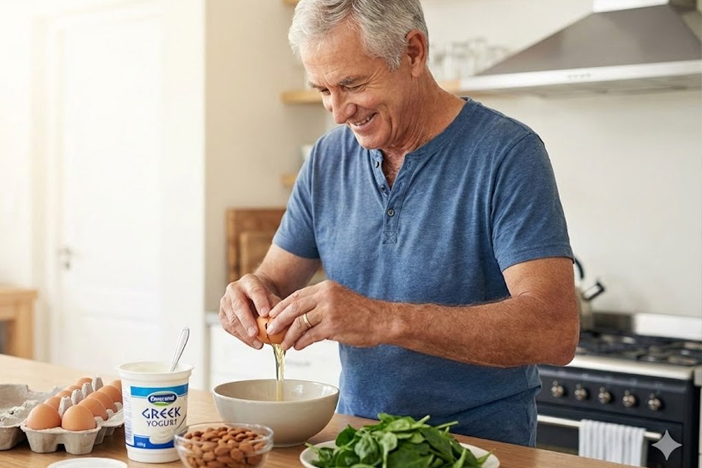 Senior homme actif et souriant dans sa cuisine, cassant des œufs dans un bol pour préparer un repas riche en protéines, avec des amandes et du yaourt grec sur le plan de travail.