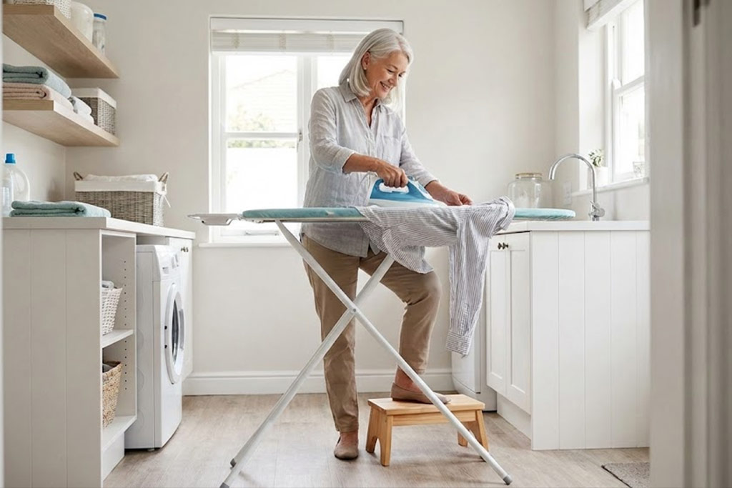 Femme senior repassant une chemise de manière ergonomique. Elle est debout, le dos bien droit, et un de ses pieds est posé sur un petit marchepied au sol pour soulager ses lombaires. La table à repasser est réglée assez haut pour qu'elle ne se penche pas.