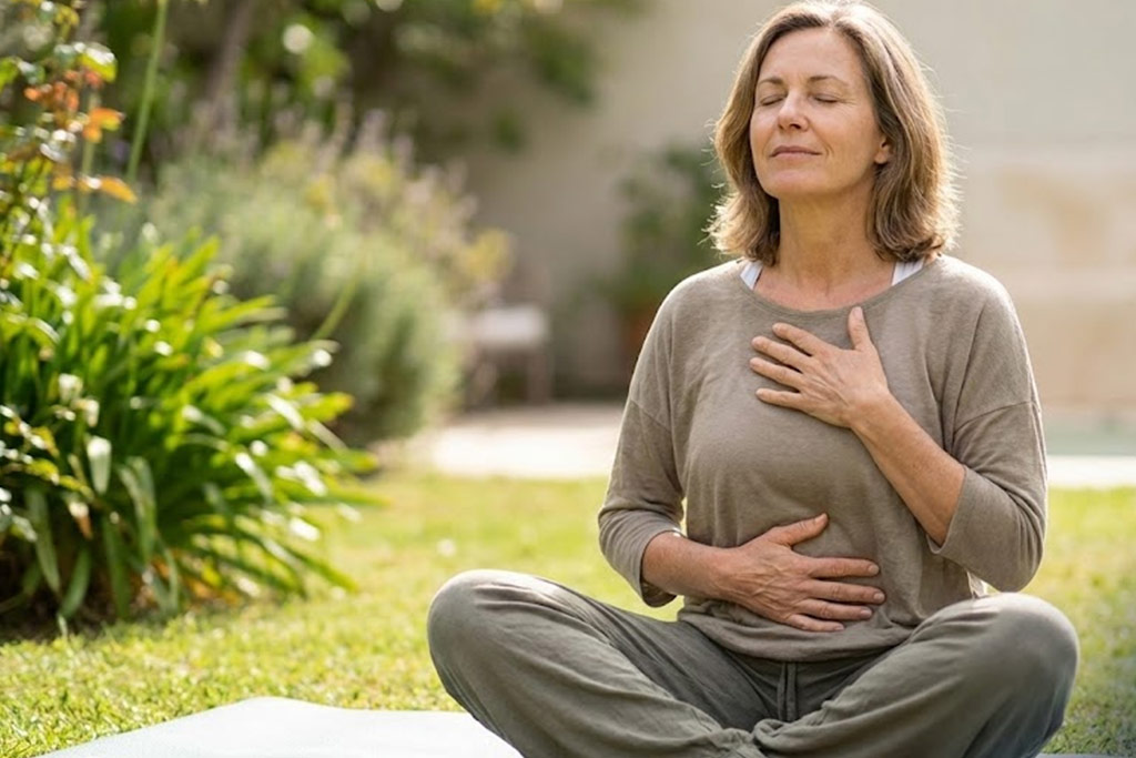 Femme d'âge moyen sereine, assise en tailleur dans un jardin ensoleillé, pratiquant la respiration abdominale profonde avec les mains posées sur la poitrine et le ventre. Une illustration de poumons lumineux dans le coin inférieur droit souligne l'utilisation de la capacité respiratoire comme outil de bien-être.