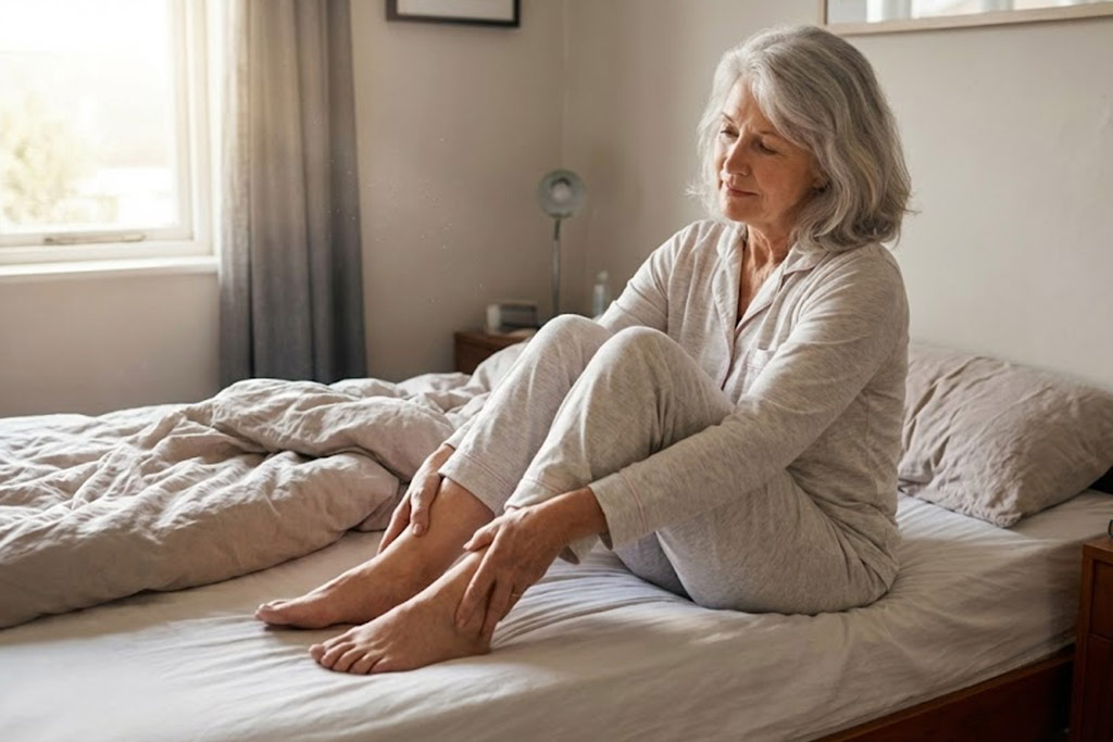 Senior femme assise au bord de son lit le matin, en pyjama, la lumière du jour entrant par la fenêtre. Elle effectue des rotations douces des chevilles et des poignets pour réveiller ses articulations, le visage détendu.