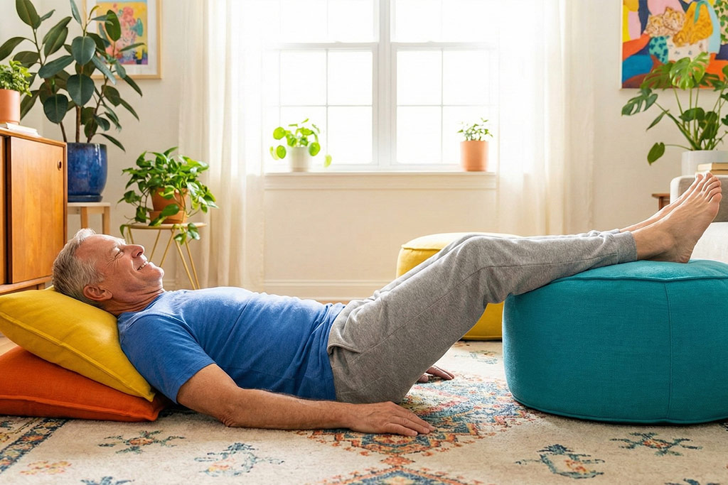 Senior homme détendu et souriant, allongé sur le dos avec les jambes surélevées sur un pouf coloré, en position de soulagement de la sciatique.