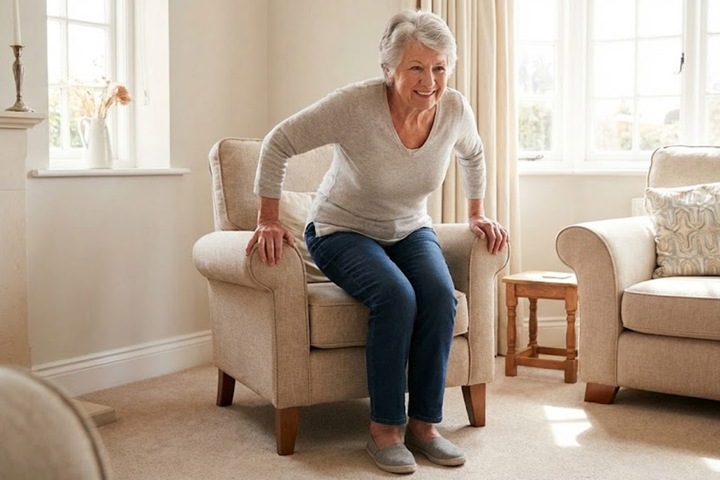 Femme senior souriante, en pleine démonstration de la technique pour se lever d'un fauteuil. Elle est assise au bord du siège, les pieds reculés, et son buste est penché en avant (nez au-dessus des orteils), prête à pousser sur ses jambes. Elle utilise les accoudoirs pour s'aider.