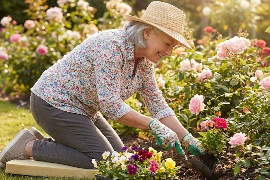 Senior homme souriant avec des gants de jardinage, adoptant la bonne posture du "chevalier servant" (un genou sur un coussin) pour planter une fleur dans son jardin.