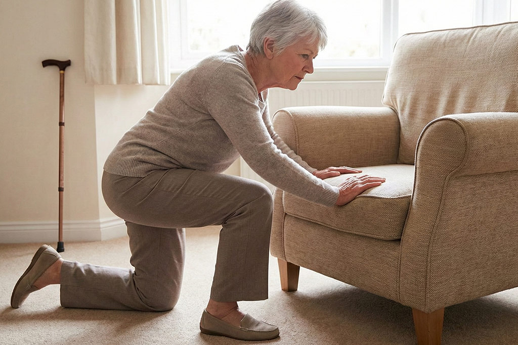 Senior femme à genoux en position de chevalier servant, s'aidant d'un fauteuil solide pour se relever du sol en sécurité.