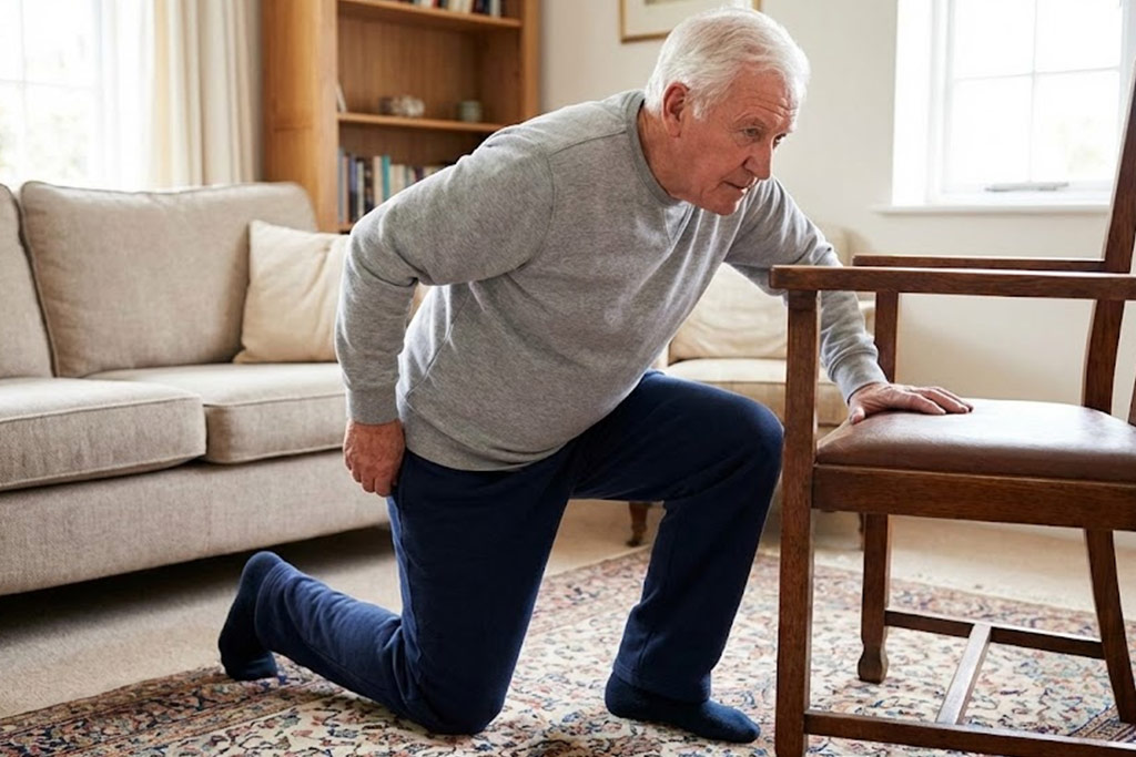 Senior homme concentré dans un salon, en position de "chevalier servant" (un genou au sol, un pied à plat), prenant appui fermement sur une chaise solide pour se relever du sol.