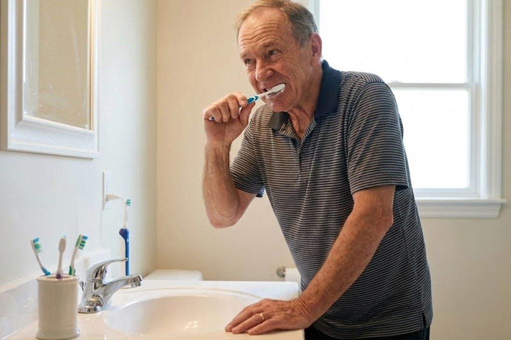 Senior homme concentré dans sa salle de bain, se brossant les dents avec sa main non dominante (la gauche). Son expression montre l'effort inhabituel, illustrant la pratique de briser la routine quotidienne pour stimuler le cerveau.