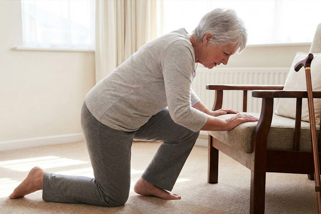 Senior femme dans un salon, en train de pratiquer la technique pour se relever du sol. Elle est en position de "chevalier servant" (un genou à terre, l'autre pied à plat) et prend appui fermement avec ses deux mains sur l'assise d'une chaise stable pour se hisser debout. Son visage est concentré.