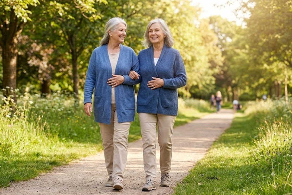 Senior femme souriante, habillée confortablement, marchant d'un pas tranquille dans un parc verdoyant après un repas pour favoriser sa digestion, une main posée sur son ventre.