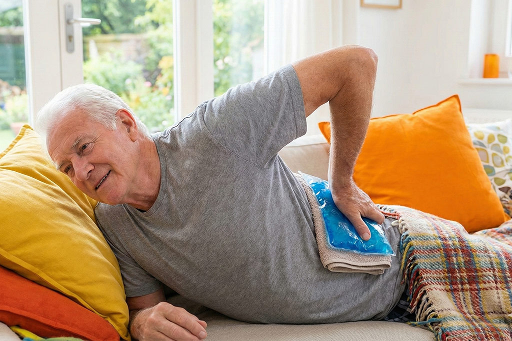 Senior homme allongé sur le ventre dans un salon lumineux, appliquant une poche de gel froid bleue sur le bas de son dos bloqué pour soulager la douleur.