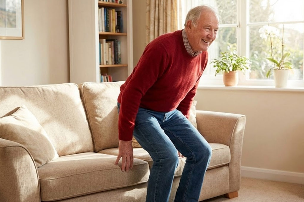 Senior homme souriant et dynamique, portant un pull coloré, se levant facilement d'un canapé confortable dans un salon lumineux en utilisant la bonne technique (poussée sur les jambes).