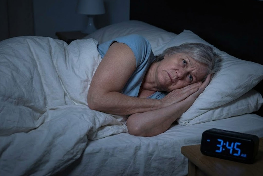 Femme senior éveillée dans son lit la nuit, l'air inquiet et fatigué, regardant dans le vide. Le réveil sur la table de nuit indique 3h45 du matin, illustrant des problèmes d'insomnie.