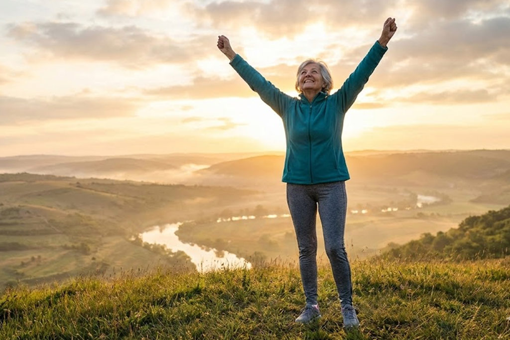 Femme senior rayonnante, en tenue de sport confortable, les bras levés au ciel en signe de victoire et de liberté, debout au sommet d'une colline verdoyante au lever du soleil. Son visage exprime la joie et la vitalité. Le paysage derrière elle est vaste et lumineux.
