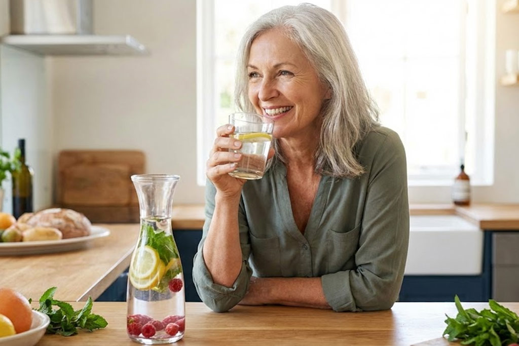 Femme senior souriante dans une cuisine lumineuse, tenant un verre d'eau avec une tranche de citron. Sur la table devant elle se trouve une carafe d'eau en verre remplie avec des herbes fraîches (menthe) et des fruits, illustrant une hydratation saine et agréable.