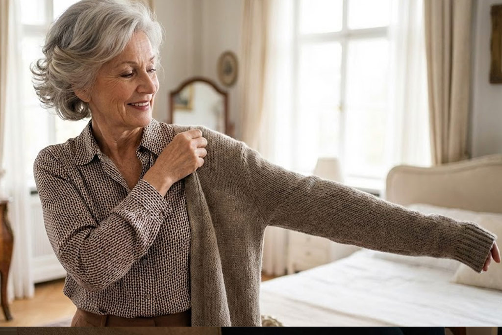 Femme senior élégante en train d'enfiler un gilet. Elle utilise la bonne technique : son bras "douloureux" est déjà enfilé, et elle utilise sa main valide pour ramener le vêtement sur son autre épaule sans faire de mouvement brusque vers l'arrière. Elle sourit, détendue.