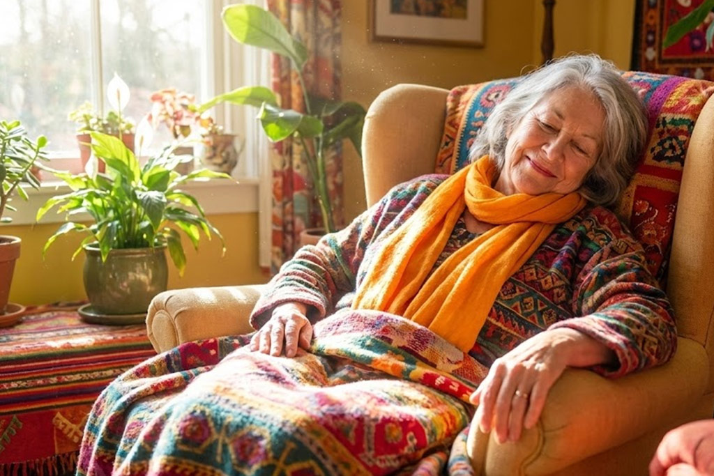 Femme senior souriante et paisible faisant une sieste réparatrice dans un fauteuil confortable baigné de lumière naturelle, entourée de textiles colorés et de plantes. L'image illustre le côté bénéfique et énergisant du repos après 60 ans.