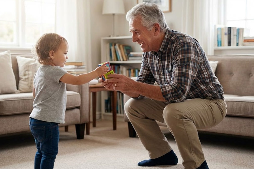 Garder les petits-enfants est sportif ! Découvrez les bonnes postures pour porter bébé sans vous faire mal au dos, pousser la poussette sans douleur et jouer au sol tout en préservant vos articulations de senior.