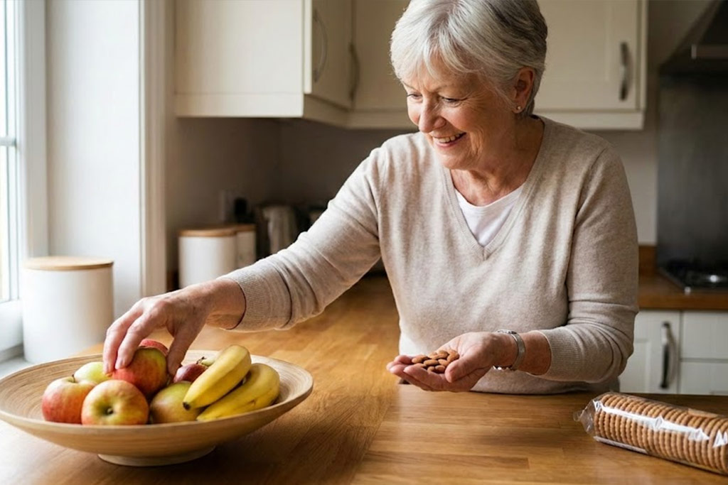 Senior femme souriante choisissant une pomme et des amandes dans sa cuisine, illustrant un choix de collation saine sans sucre ajouté.