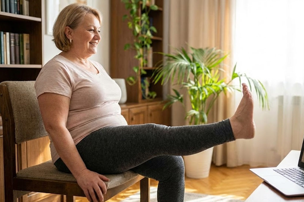 Senior femme avec des rondeurs, souriante et concentrée, faisant un exercice de gymnastique douce assise sur une chaise dans son salon, levant une jambe.