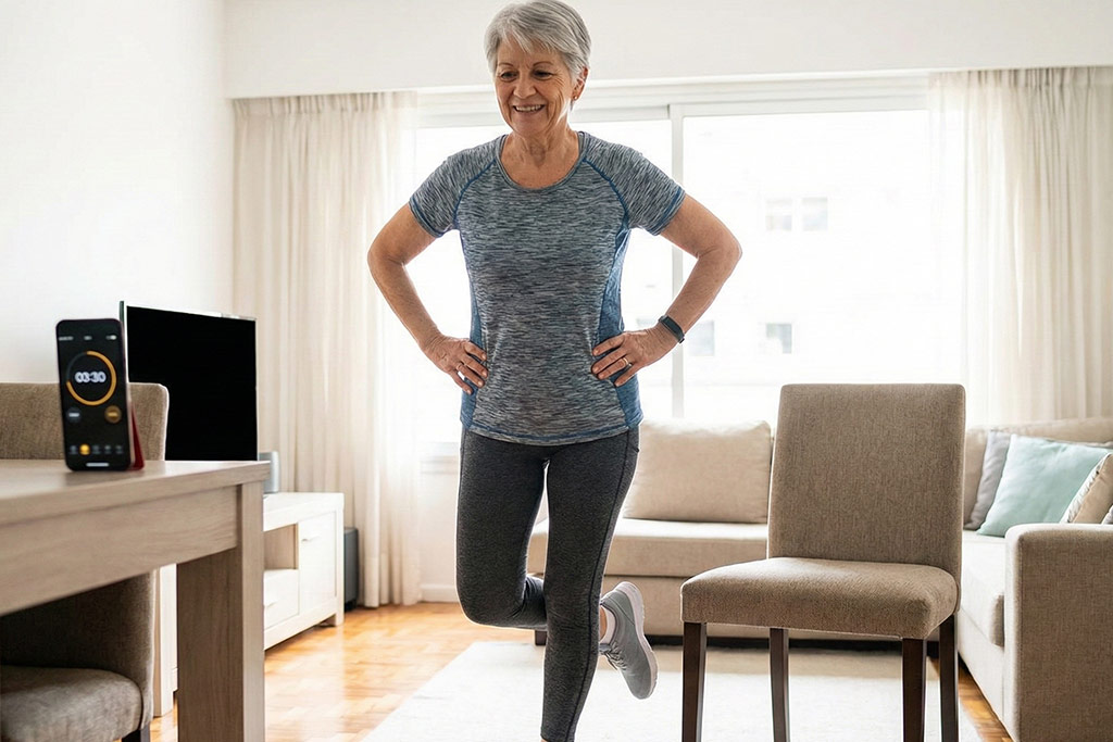 Senior femme souriante et concentrée effectuant le test d'équilibre sur une jambe dans son salon, chronomètre à la main, pour évaluer son âge corporel.