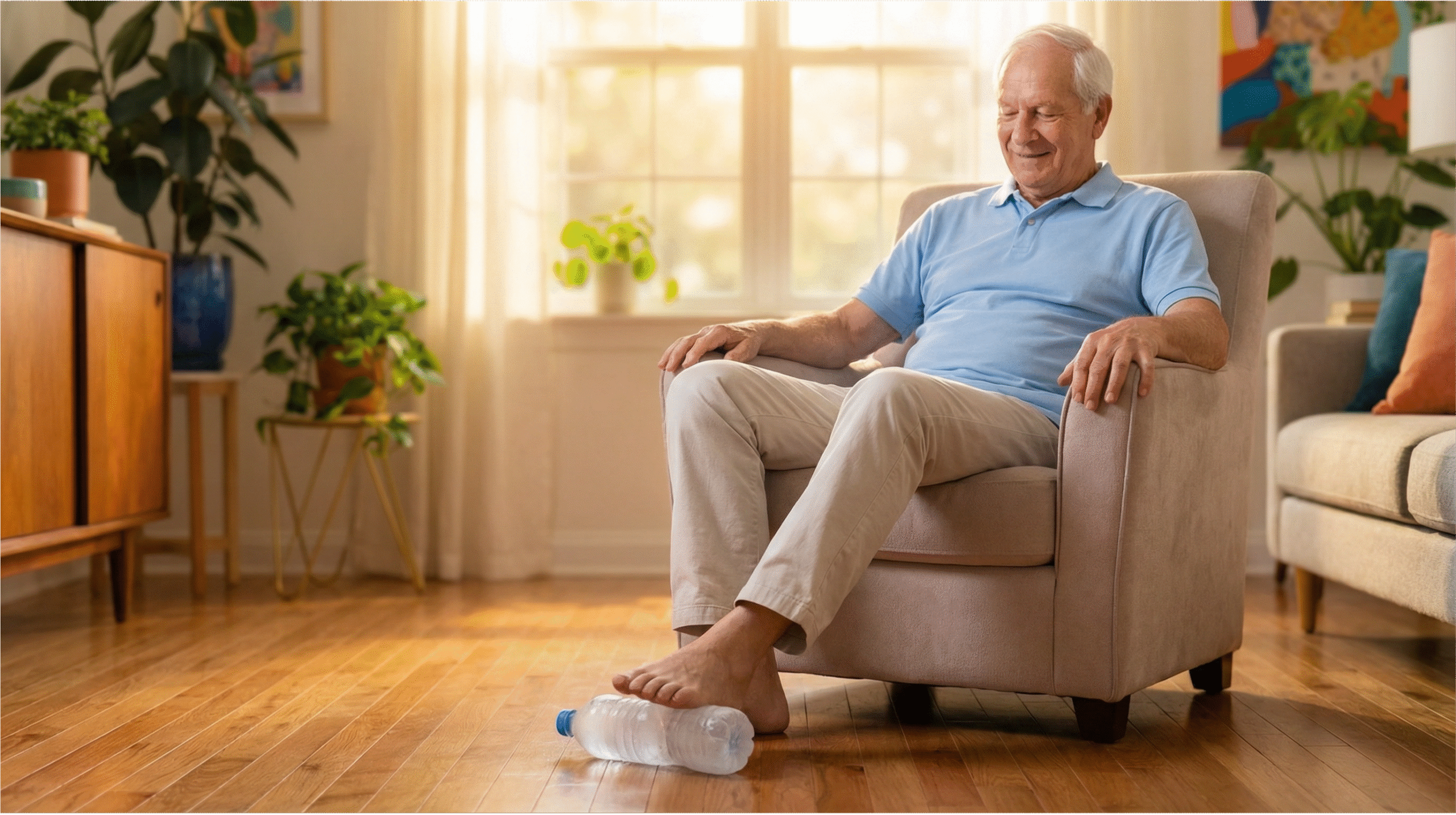 Homme senior assis dans son salon, faisant rouler une petite bouteille d'eau glacée sous la plante de son pied nu. L'expression de son visage montre un soulagement, illustrant le massage combiné à la cryothérapie pour la fasciite plantaire.