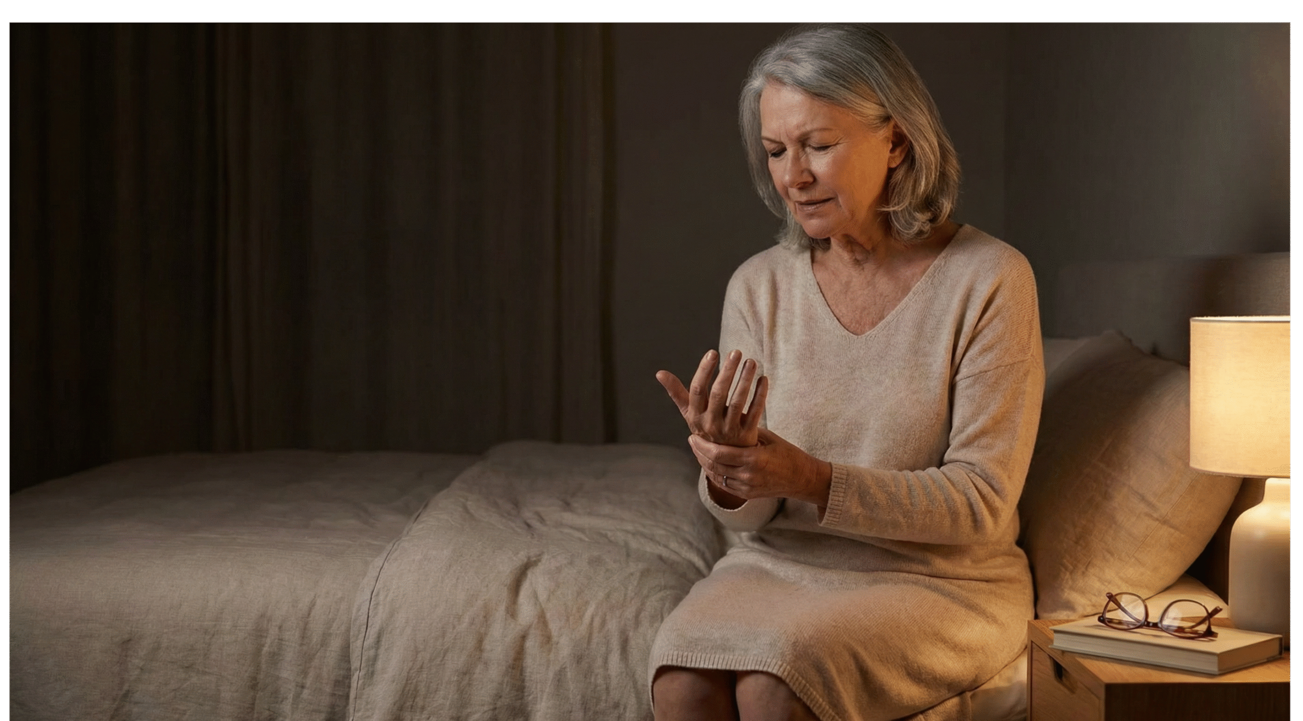 Femme senior assise au bord de son lit la nuit, secouant doucement sa main droite engourdie avec une expression d'inconfort, illustrant les picotements nocturnes typiques du syndrome du canal carpien.