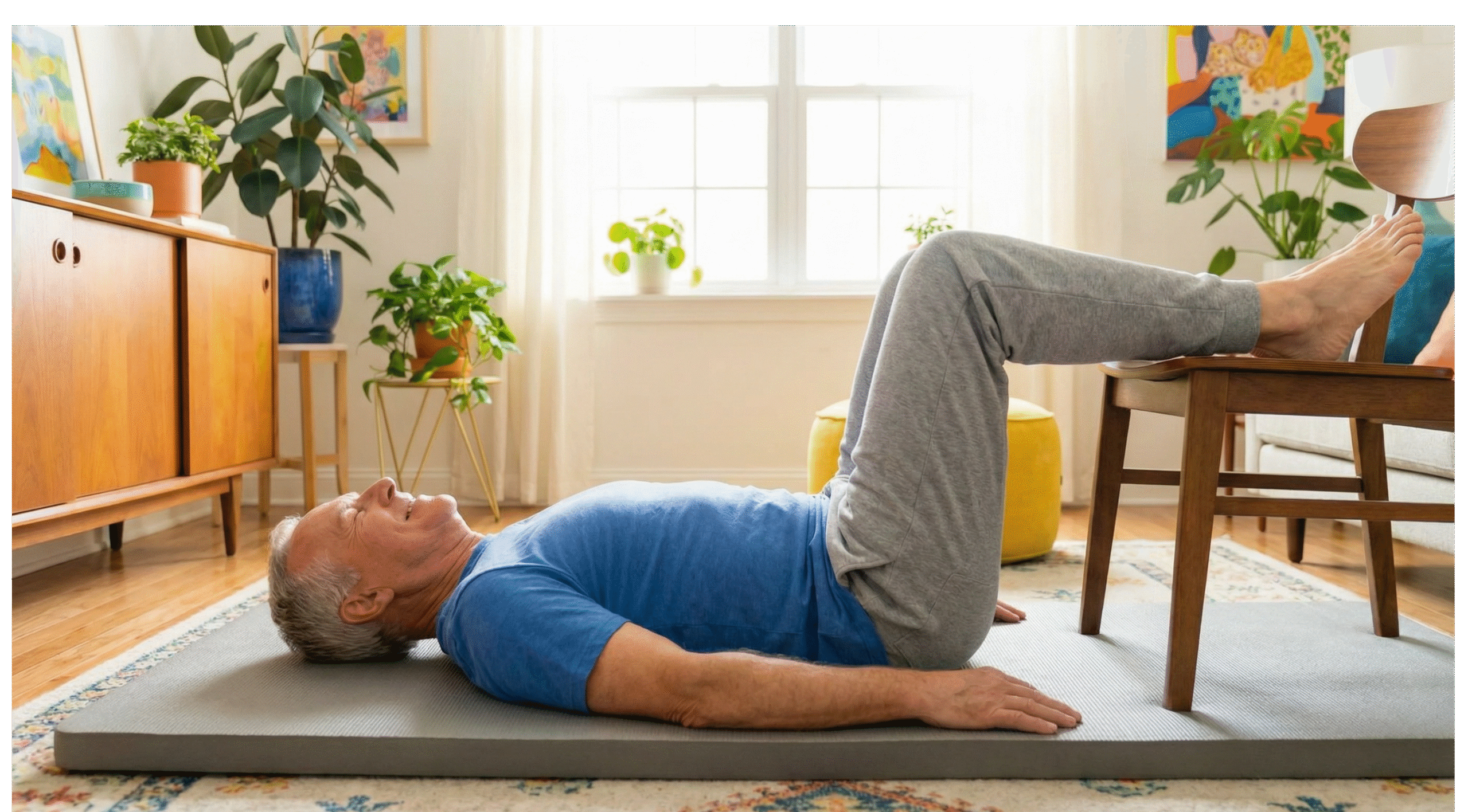 Homme senior soulageant son dos en "position psoas". Il est allongé sur le dos sur un tapis de sol confortable, avec les mollets reposant sur l'assise d'une chaise (jambes à 90 degrés), permettant de relâcher totalement la pression sur ses disques lombaires.