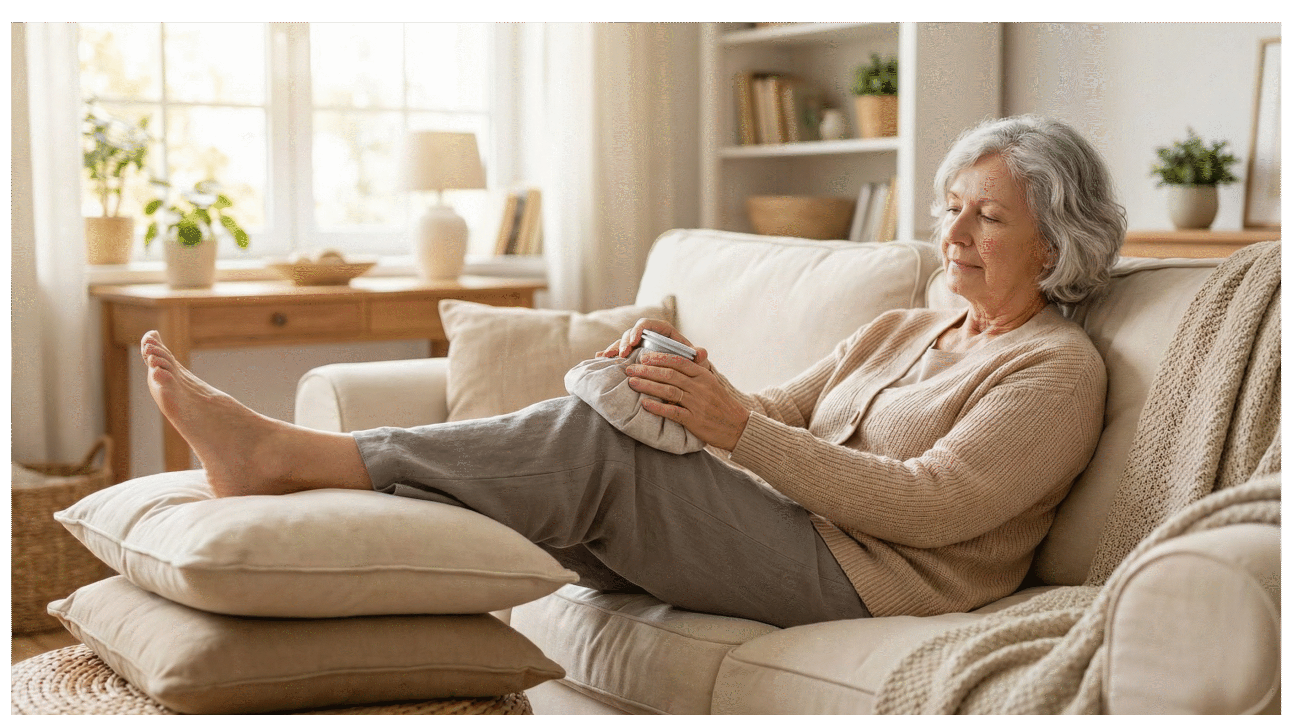 Personne senior allongée confortablement sur un canapé, la jambe surélevée sur deux gros coussins. Elle applique une poche de glace entourée d'un linge fin sur son genou gonflé, illustrant le protocole d'élévation et de cryothérapie.