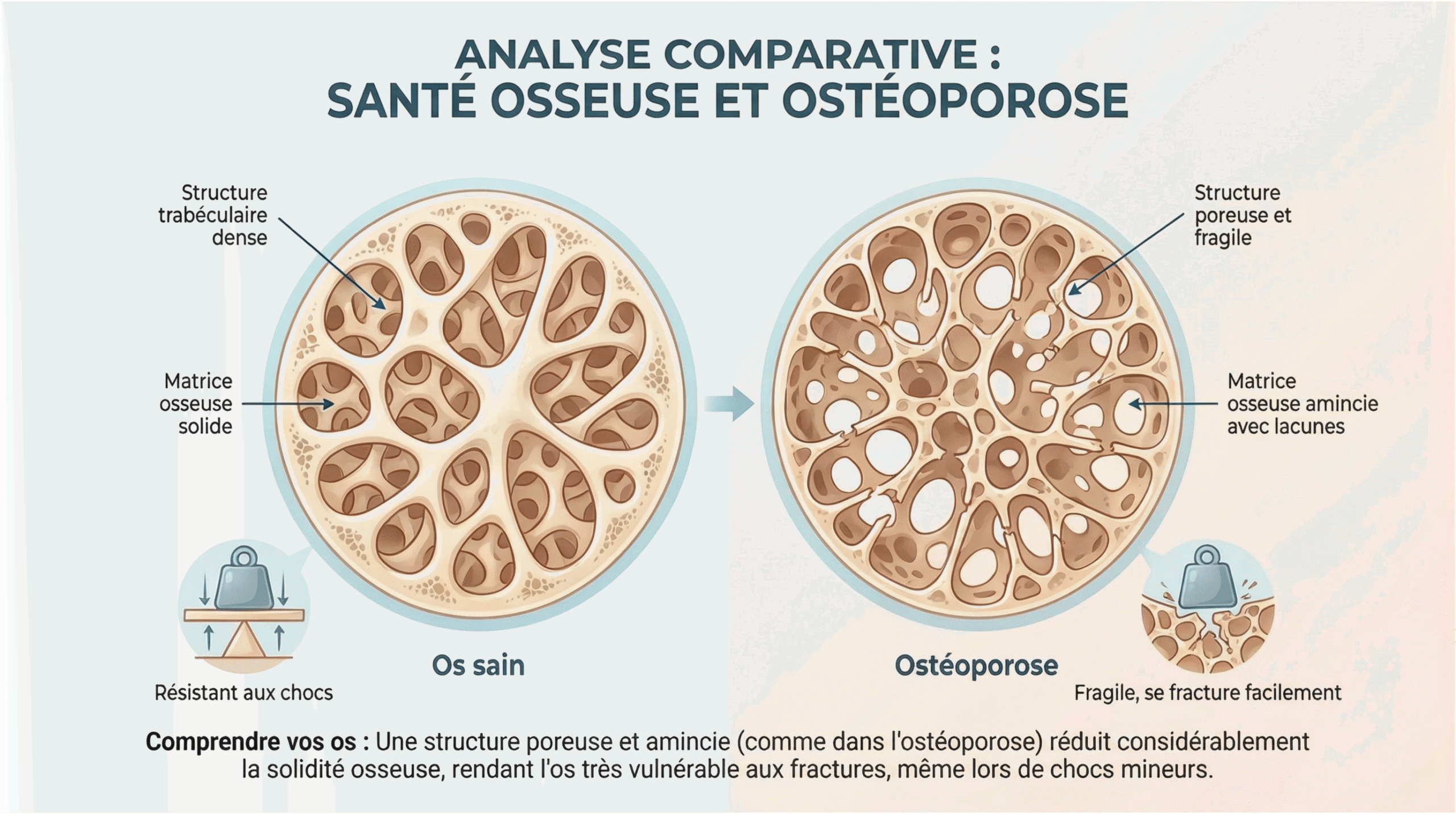 Infographie comparant un os sain (dense et solide) et un os atteint d'ostéoporose (poreux et fragile). L'image permet de visualiser pourquoi un os poreux casse beaucoup plus facilement lors d'un choc mineur.