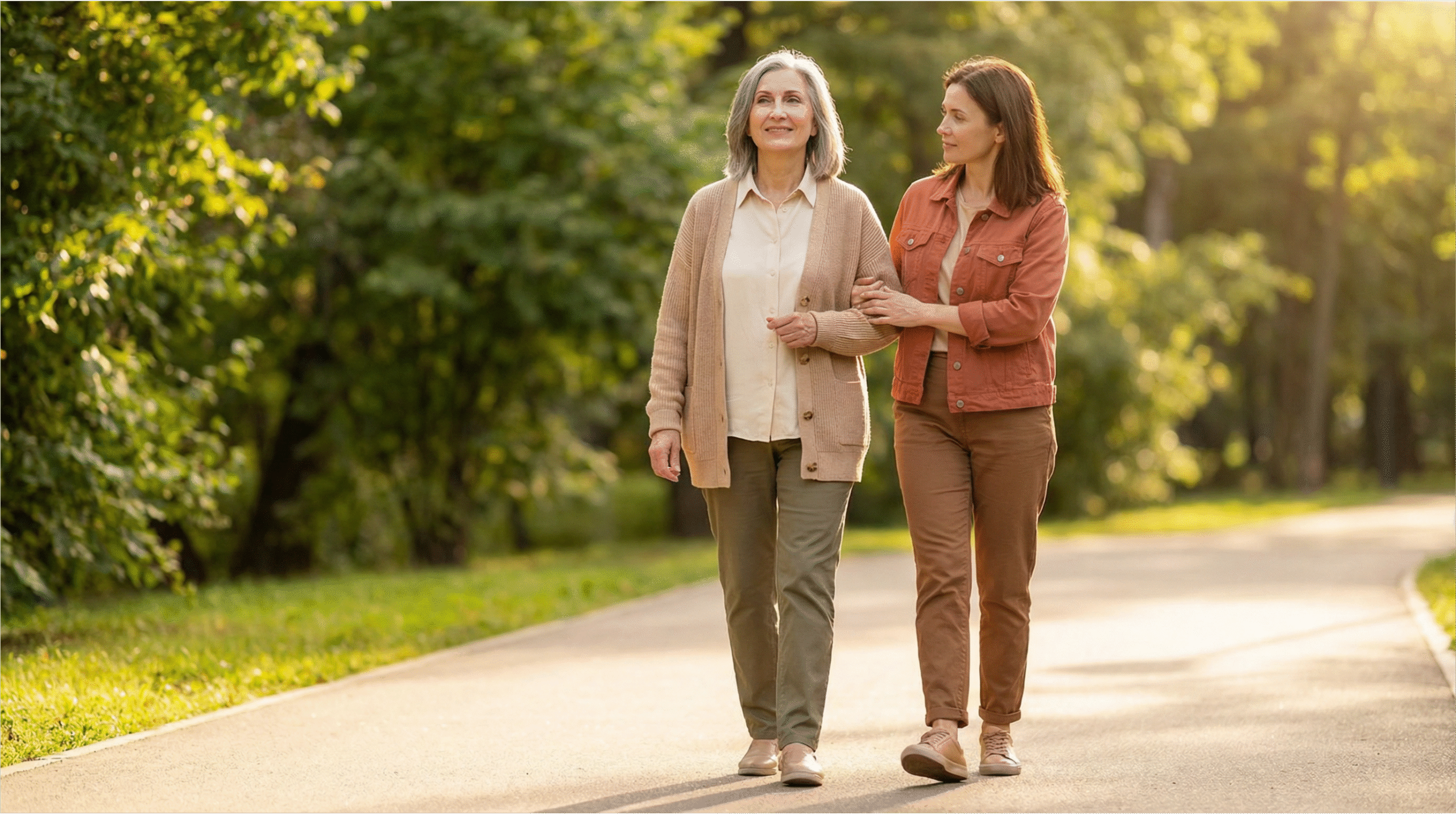 Deux amies seniors marchant activement dans un parc. Elles discutent en souriant, illustrant le test de la parole "Walking to Talk". Elles ont l'air dynamiques mais pas épuisées, représentant la "dose minimale efficace".