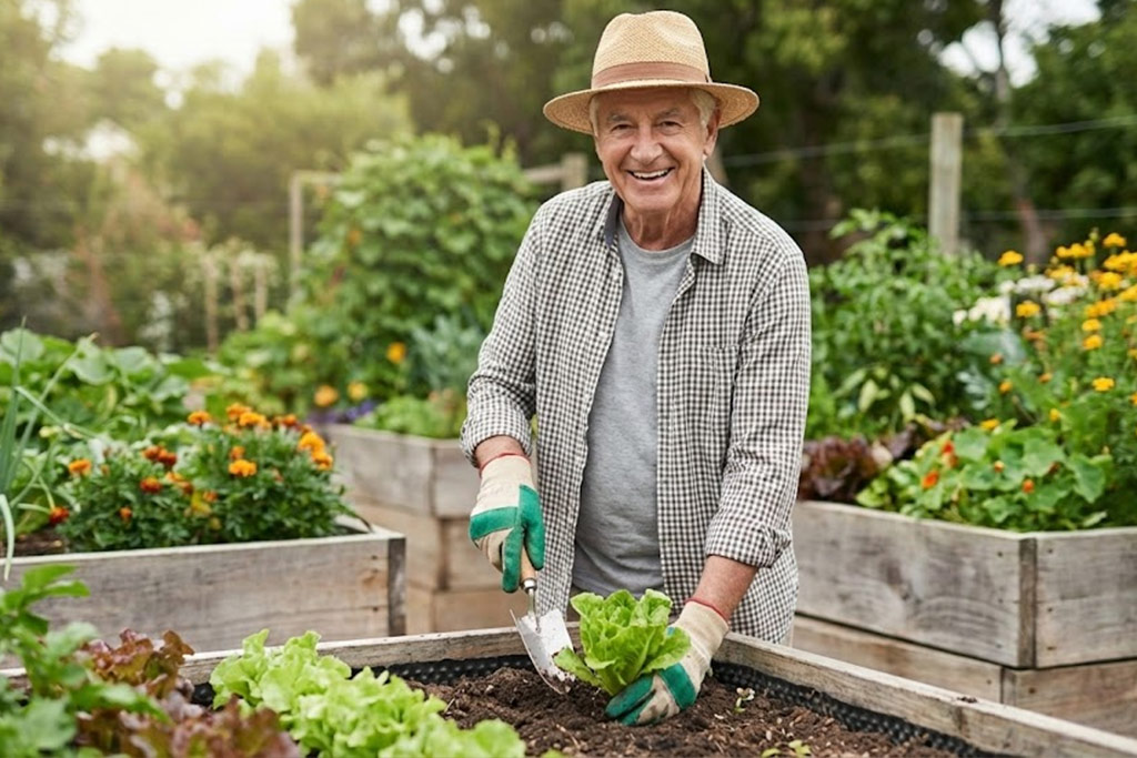 Senior homme souriant, portant un chapeau de paille et des gants, jardinant confortablement dans un carré potager surélevé en bois. Il est debout, le dos droit, et utilise une petite pelle à main pour planter une salade à hauteur de taille, sans avoir à se pencher.