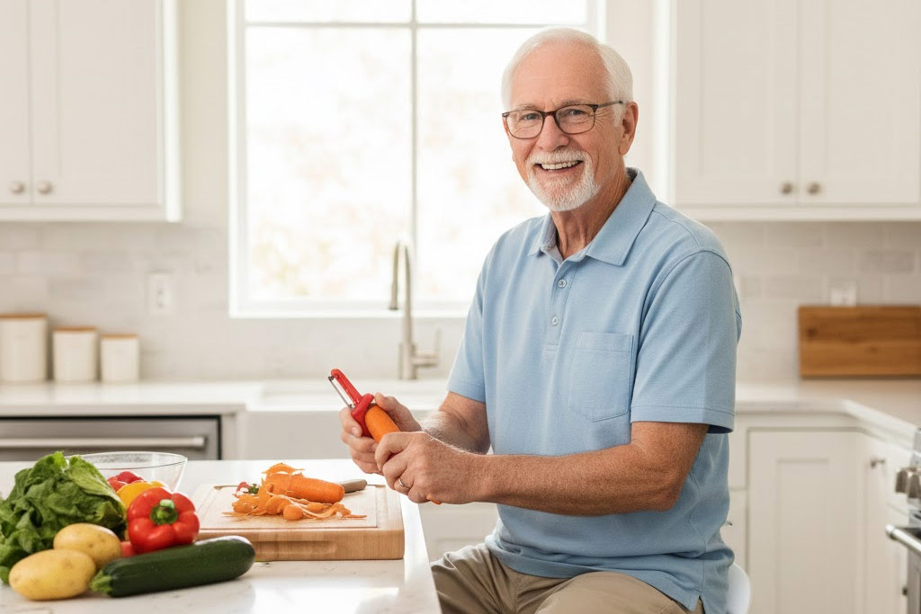 Senior homme joyeux en train de cuisiner. Il est assis sur un tabouret haut face à son plan de travail pour éplucher des légumes, évitant ainsi la station debout prolongée. Il utilise un économe à manche épaissi pour une meilleure prise en main.