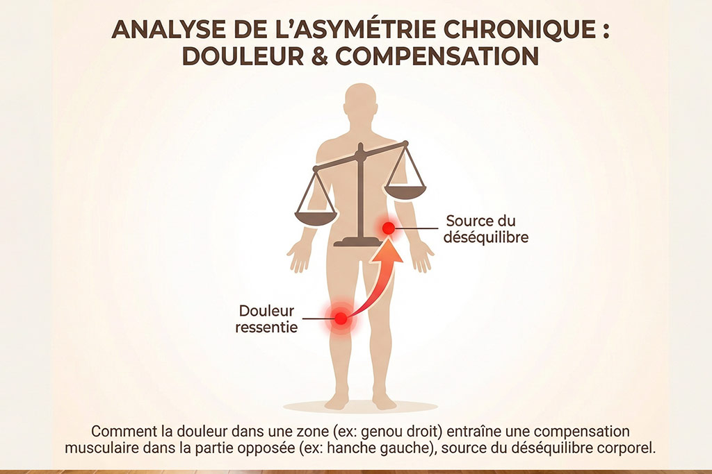 Schéma illustrant une balance en déséquilibre superposée à une silhouette humaine. Un point rouge (douleur) est visible sur un genou, tandis qu'une flèche pointe vers la hanche opposée (la source), expliquant le principe de compensation musculaire.