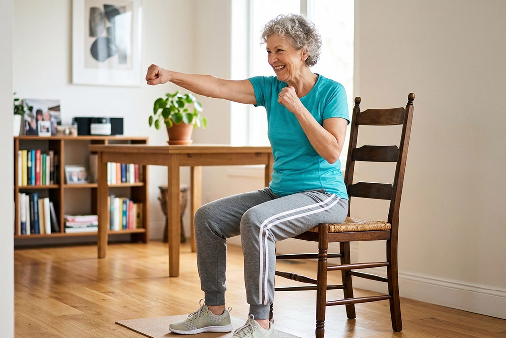 Femme senior souriante et dynamique, assise sur une chaise de salle à manger, effectuant des mouvements de boxe (coups de poing en l'air devant elle) avec énergie pour stimuler son cœur sans peser sur ses genoux.