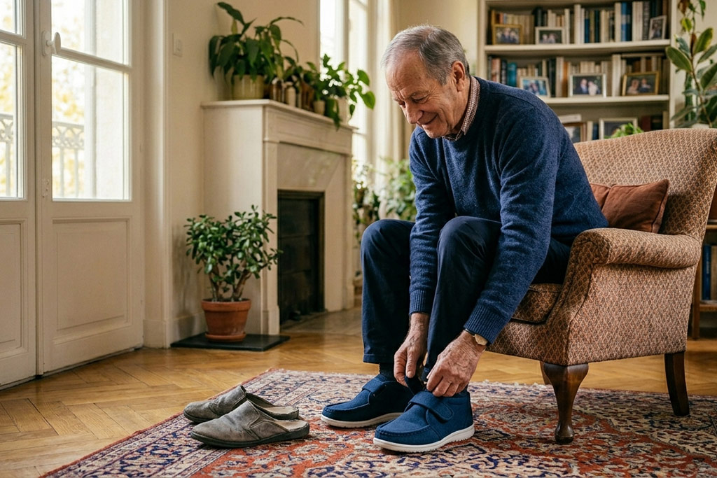 Homme senior souriant et détendu, assis dans son salon, en train d'attacher les velcros de chaussures d'intérieur fermées, confortables et sécurisées. Ses vieilles pantoufles usées et ouvertes à l'arrière sont mises de côté sur le tapis.