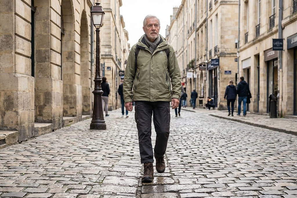 Vue au ras du sol des chaussures de marche robustes d'un senior posant le pied avec assurance sur un trottoir pavé légèrement irrégulier en ville. L'image transmet un sentiment de stabilité et de confiance en extérieur.