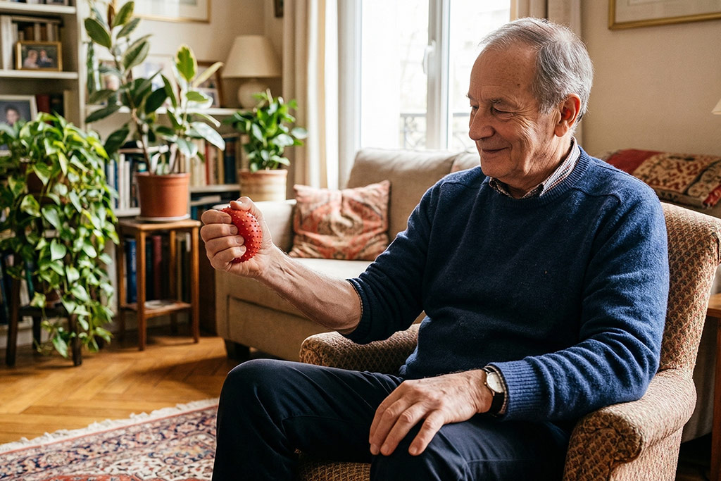 Senior souriant et concentré, assis confortablement dans son salon, pressant une petite balle de rééducation dans sa main pour muscler sa poigne et renforcer ses avant-bras.