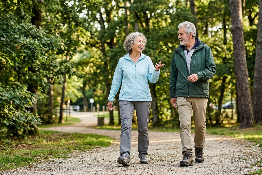 Deux amis seniors marchant d'un pas dynamique et soutenu dans un parc arboré. L'un d'eux parle en souriant, illustrant le test de la parole pour vérifier l'intensité de l'effort cardiovasculaire.