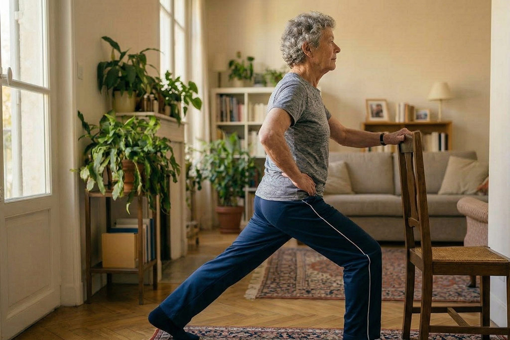 Senior debout de profil, se tenant au dossier d'une chaise d'une main, reculant une jambe pour étirer l'avant de sa hanche (le psoas) avec le dos bien droit et le regard au loin.