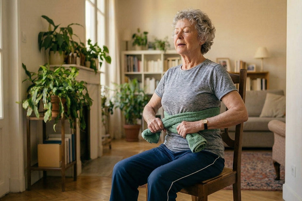 Femme senior aux yeux fermés, très détendue, assise sur une chaise. Elle tient une serviette croisée autour de ses côtes basses pour sentir sa cage thoracique s'ouvrir sur les côtés à chaque inspiration.