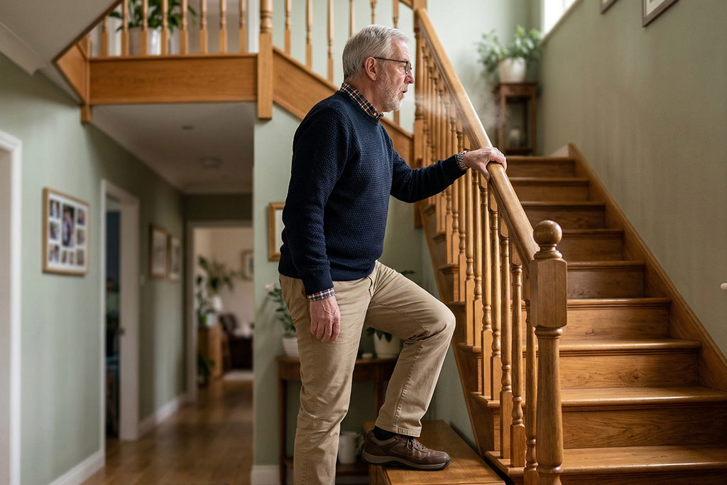 Homme senior en tenue décontractée, montant un escalier d'intérieur en bois. Il se tient bien droit, une main sur la rampe, et a la bouche légèrement ouverte pour souffler au moment où il pousse sur sa jambe pour monter la marche.