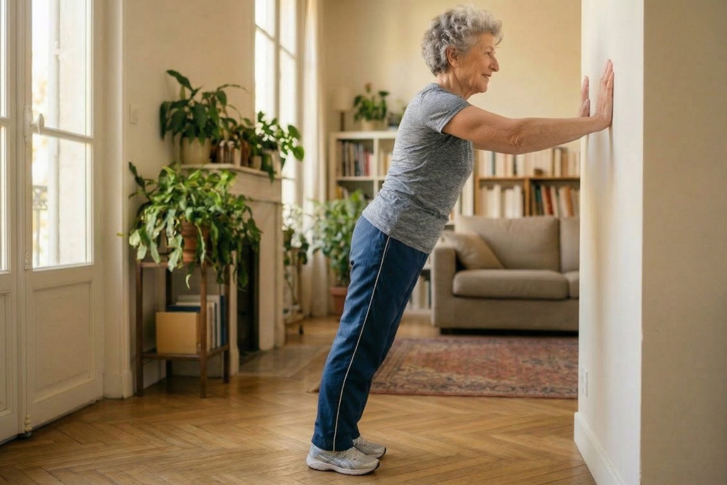 Femme senior très souriante et dynamique, dans son salon lumineux, réalisant une pompe au mur avec le dos bien droit. Elle porte une tenue de sport confortable.